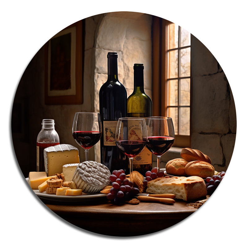 «Cheese and Wine I - Food & Beverage», art rond en métal, H 23 po x l 23 po