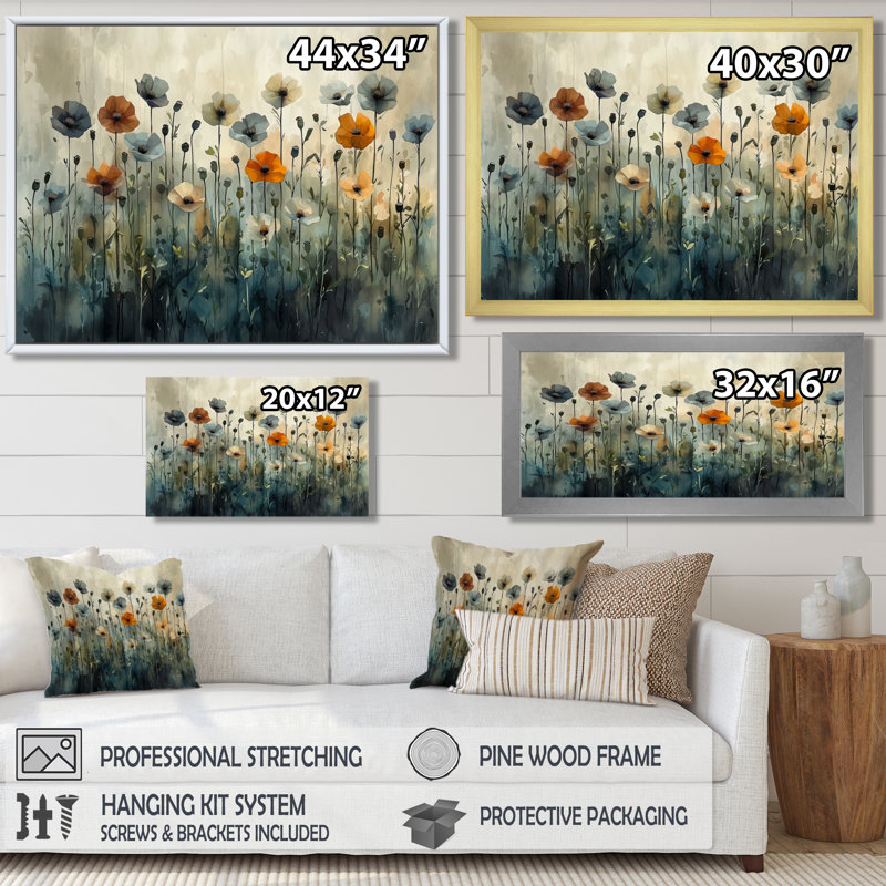 Hiver, minimalisme, coquelicots, champ III - coquelicots, art mural, H 12 po x l 20 po, Cadre flottant noir