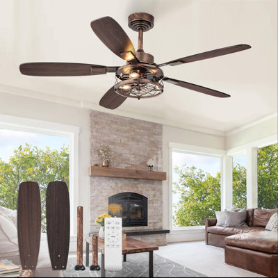 Farmhouse Ceiling Fan With Light And Remote, Industrial Caged Flush Mount Ceiling Fans With 6 Speed Reversible Motor And Dual Finish 5 Blades, For Living Room, Bedroom, (Gold)