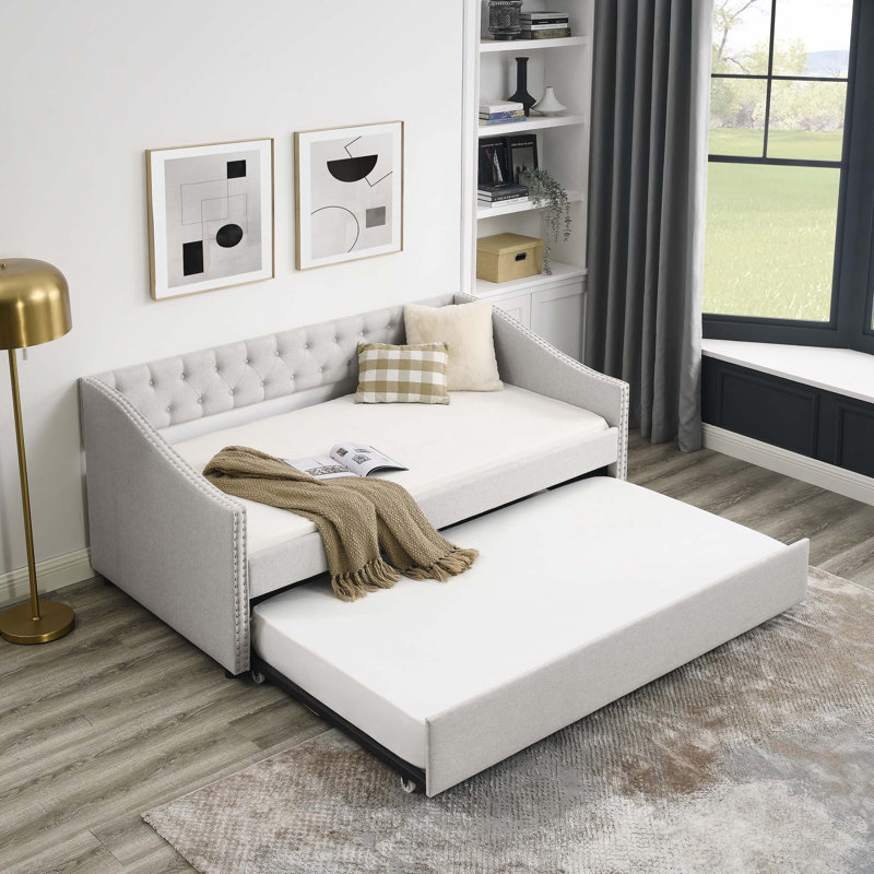Daybed with Twin Size Trundle, Beige, Twin
