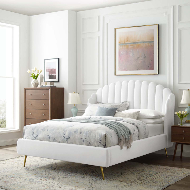 Lana Queen Performance Velvet Wingback Platform Bed, White