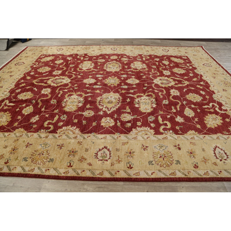 Tapis rouge noué à la main de conception unique 8 pi 10 po x 12 pi 0 po