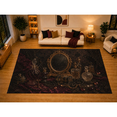 "Ultra Light Weight" Large 6'7" x 9'10" Vintage Vanity Mirror Gothic Area Rug for Living Room Bedroom Dining Area, Soft Low Pile Non-Slip Backing, Black Red Victorian Dark Academia Decor