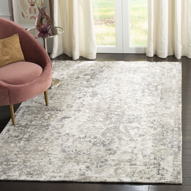 Tapis oriental gris en viscose / coton tissé à la main Brianne, Rectangle 8 pi x 10 pi