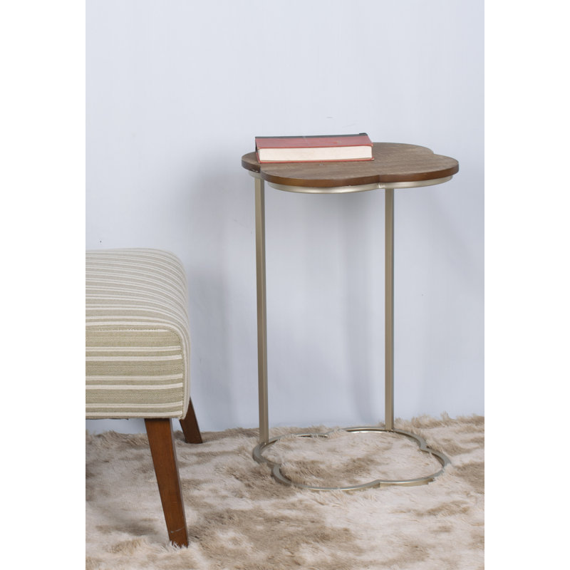 C-Shaped Quatrefoil Metal End Table, Natural Wood (Set of 2)