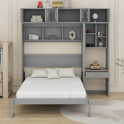 Lit escamotable mural avec bureau, armoire supérieure et tablettes de rangement, lit pliable peu encombrant