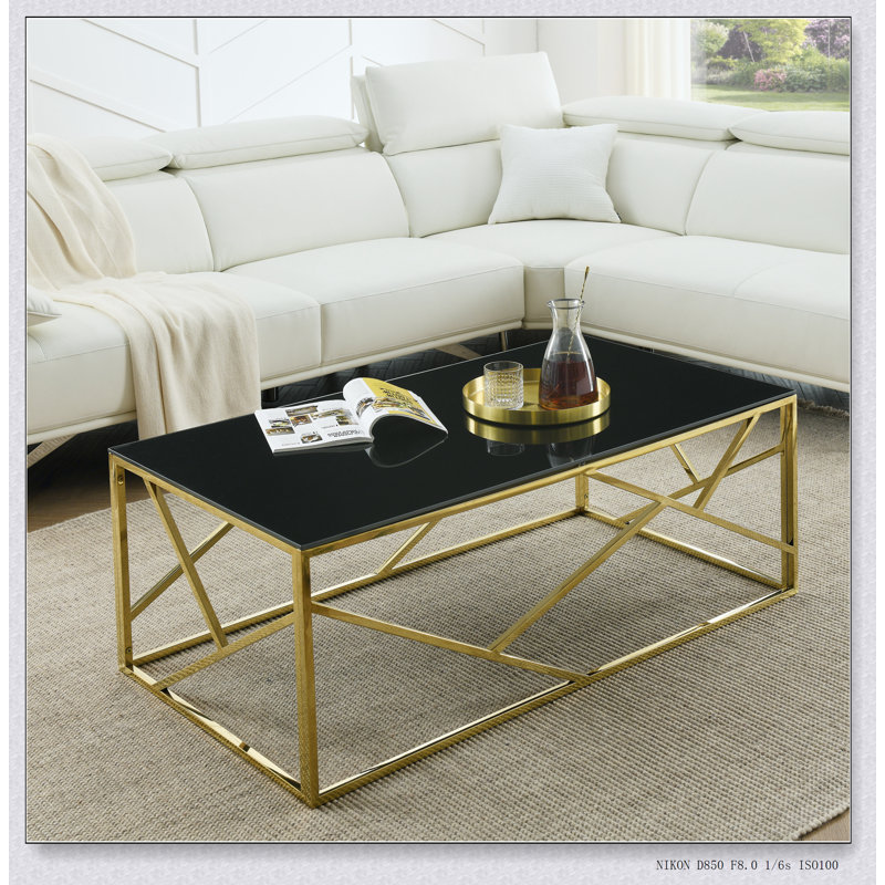 Table basse rectangulaire moderne avec verre trempé noir durable et cadre en acier inoxydable élégant pour des espaces de vie élégants