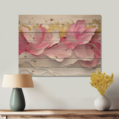 Or rose élégant veines de pétales de fleurs VI - fleurs, art mural en bois - sur bois de pin naturel