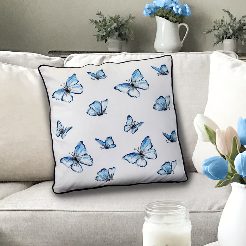 Blue and White Embroidered Cotton Square Throw Pillow
