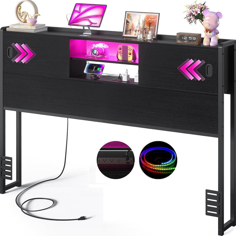 Queen Bed Headboard With Built-In Storage, Bookcase Design, LED Light, Outlets, And USB Ports, Sliding Doors, Adjustable Bed Adapter, Black Finish