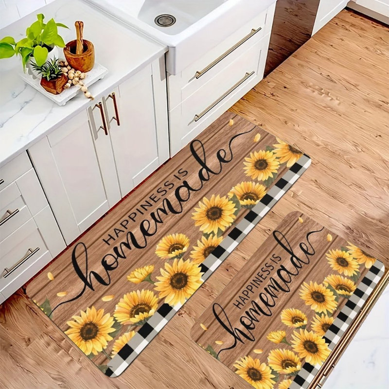 Ensemble de 2 tapis de cuisine tournesol Happiness Is Hom faits pour la cuisine et la salle à manger, brun-jaune