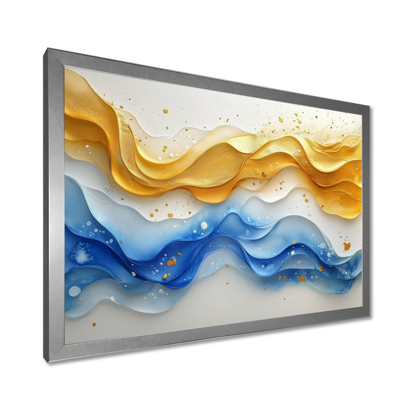 «Blue Yellow Dream Lines I - vagues côtières», art mural, Argent argent, Cadre simple, H 12 po x l 20 po