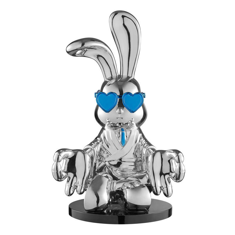 Chrome Resin Sitting Rabbit with Blue Tie and Glasses