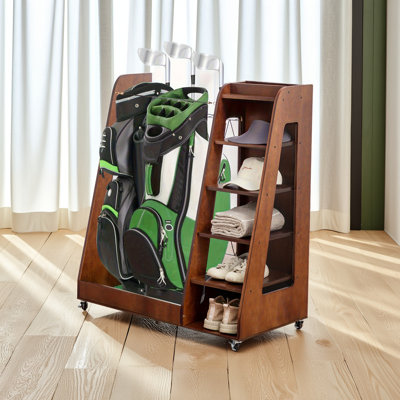 Organisateur de sac de golf en bois brun de qualité supérieure - support de rangement pour club de golf de 2 sacs avec tablettes à chaussures et accessoires, roues verrouillables à 360 ° pour garage / voiture / club de golf / remise / sous-sol