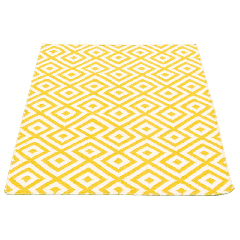 Tapis jaune / blanc en laine à motif géométrique Kilim