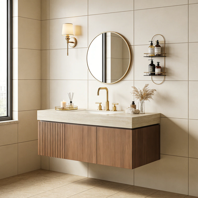 Meuble-lavabo de 48 po avec lavabo, Chêne brun, 48", Ensemble central de 4 po