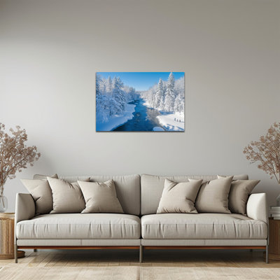 Grand paysage d'hiver sur toile 28 x 40 po, Snowy Forest River, reproduction d'art sur toile, affiche murale de Noël, scène d'hiver, affiche pour le bureau de la chambre à coucher, 28 po x 40 po