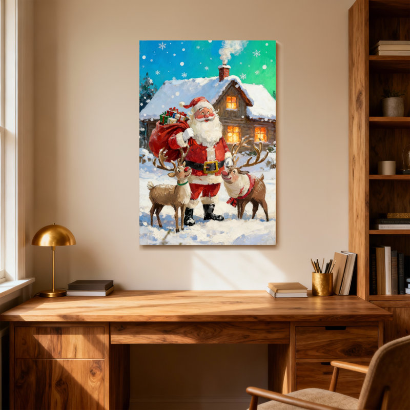 Père Noël avec des rennes dans une scène enneigée, H 30 po x l 20 po