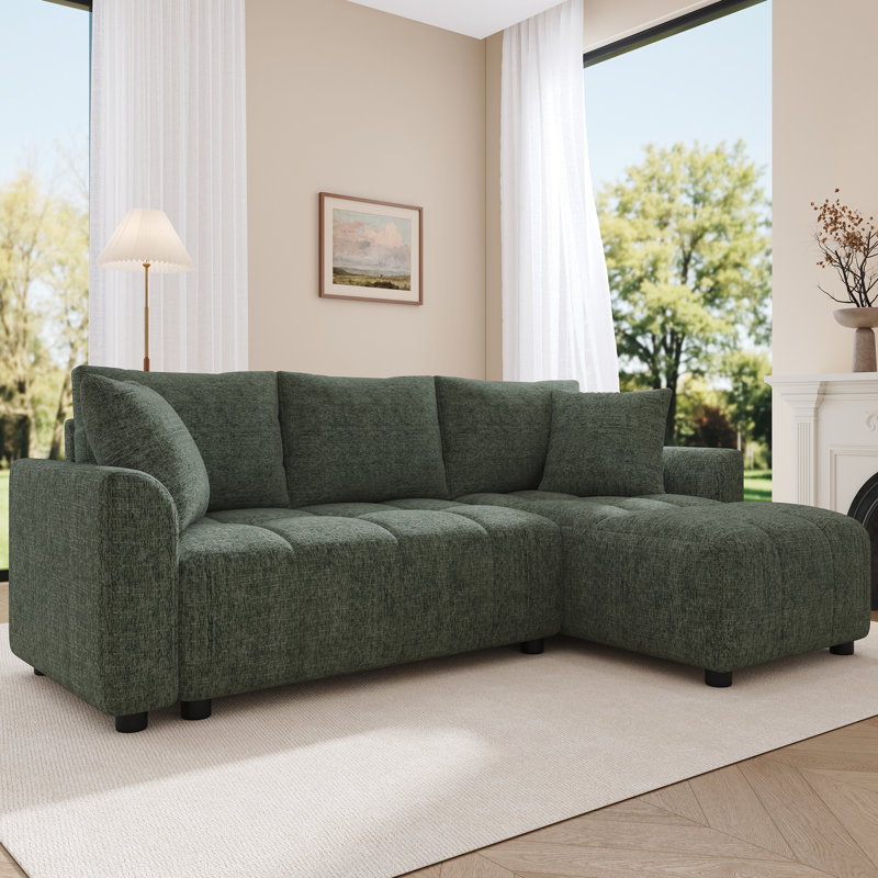 3 Seater Chenille Chaise End Sofa, Green