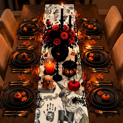 Halloween Table Runner,Retro Runners Vintage Halloween Decorations | Spooky Gothic Skull Day of The Dead Table Cloth,Halloween Decorations for Home Party Decor,Measuring 13x108 inches,Polyester
