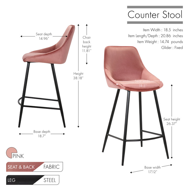 Tabouret de bar Weidner, Velours rose, Tabouret de comptoir = siège d'une hauteur de 26,