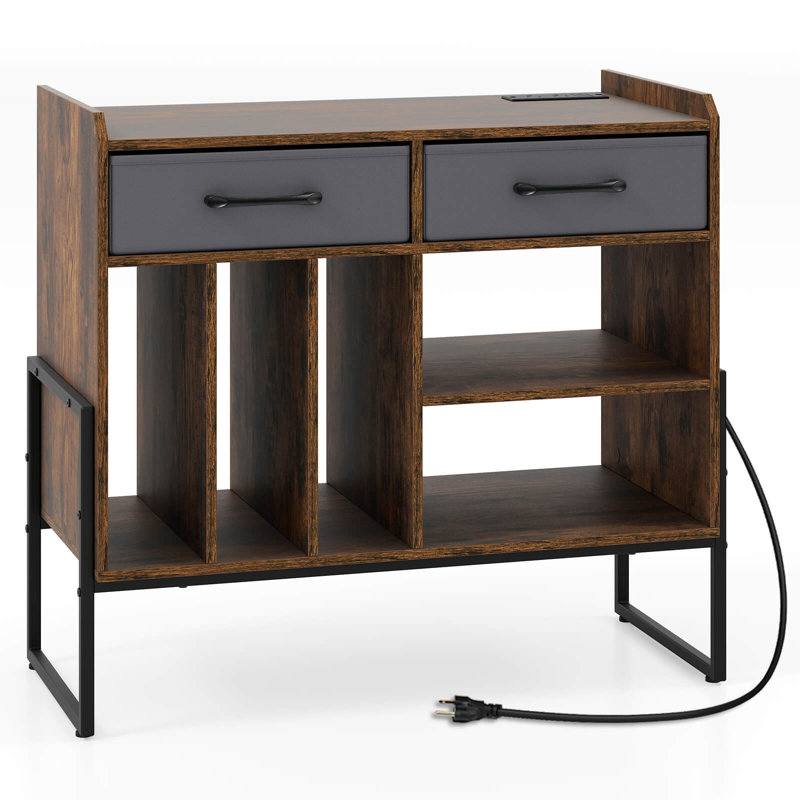 Large Record Player Stand with Charging Station, 2 Fabric Drawers, Adjustable Shelf Rustic Brown & Gray