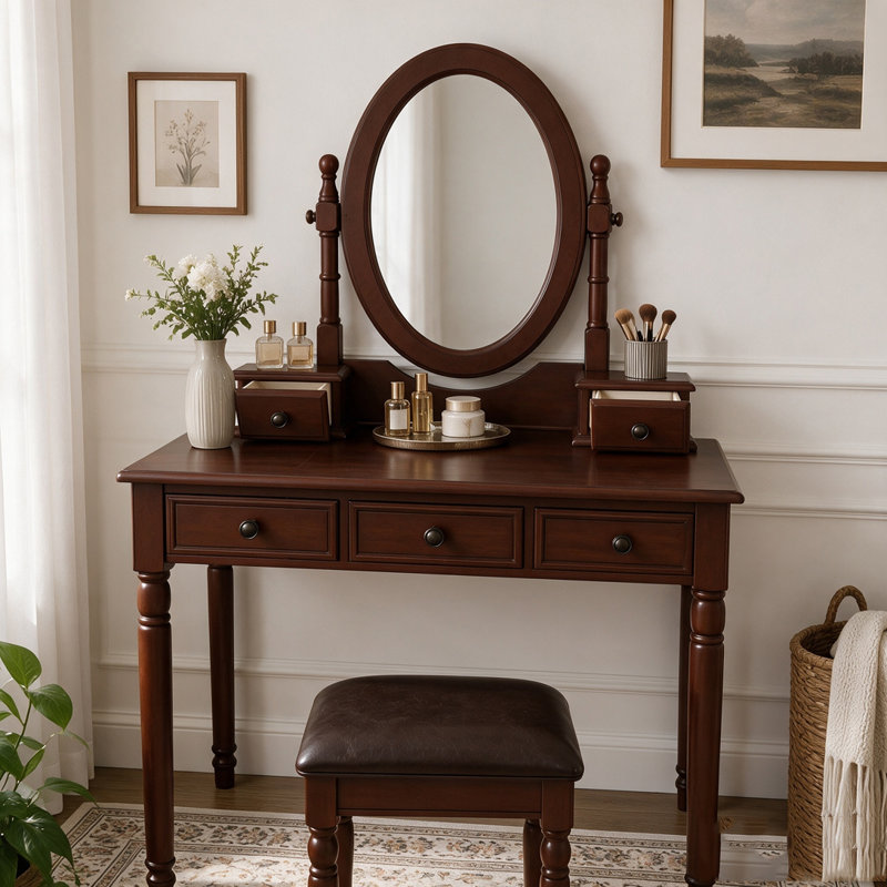 Ensemble coiffeuse avec miroir à angle réglable, table de maquillage vintage et tabouret rembourré
