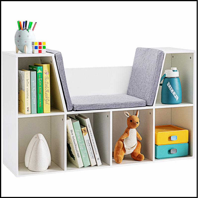 Bibliothèque pour 6 enfants avec coin lecture et coussin, rangement polyvalent pour chambre à coucher, salon
