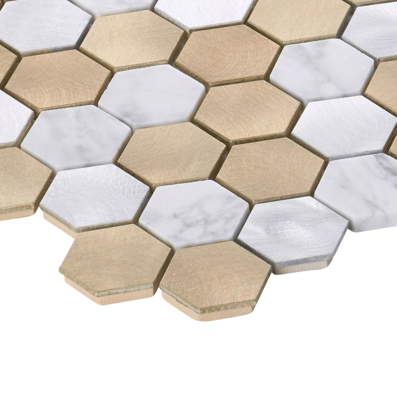 White Calacatta Marble Champagne Gold Metallic Hexagon Mosaic Sheet Tile By Modket, Beige/Metallic Gold