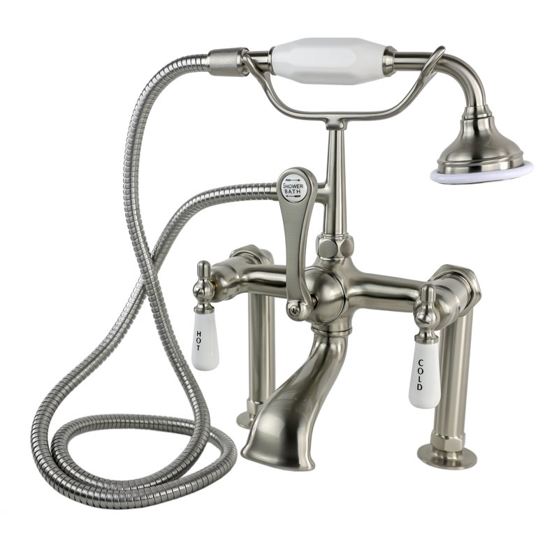 3 Handle Deck Clawfoot Tub Faucet with Diverter, Satin Nickel