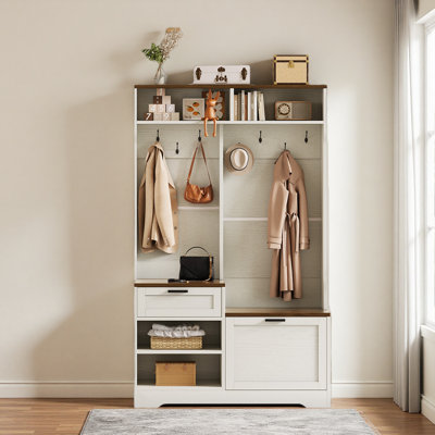 Arbre d'entrée avec banc et rangement pour chaussures, rangement pour hall d'entrée 6-en-1, bois aggloméré 43,3 po x 15,75 po x 70,87 po