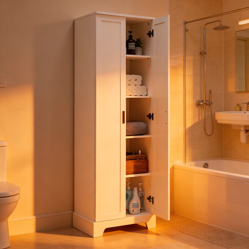 Armoire de rangement avec deux portes pour salle de bain, bureau, tablette réglable, panneau de fibres à densité moyenne, blanc