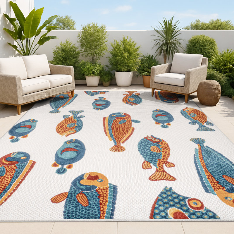 Tapis intérieur / extérieur bleu marine / orange / crème Wigand, Rectangle 5 pi 3 po x 7 pi 7 po