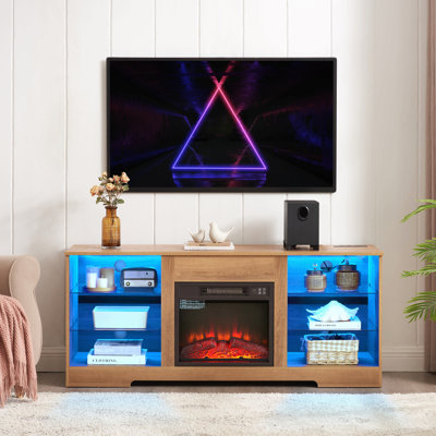 Meuble télé avec foyer électrique, tablettes en verre, foyer 3D avec lumières DEL en bois et prise de recharge USB Centre de table de télévision moderne pour téléviseur jusqu'à 62 po x l 58 po x P 15,5