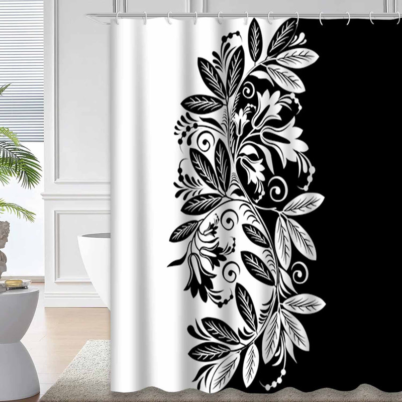 Rideau de douche imperméable à motif floral noir et blanc avec 12 crochets NoelMod, L 72 po x l 78 po