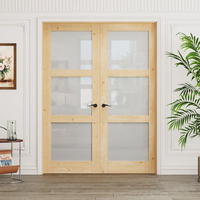 Porte intérieure en bois de pin massif 64 "x 64" à 3 portes avec portes en bois de pin massif et poignées noires