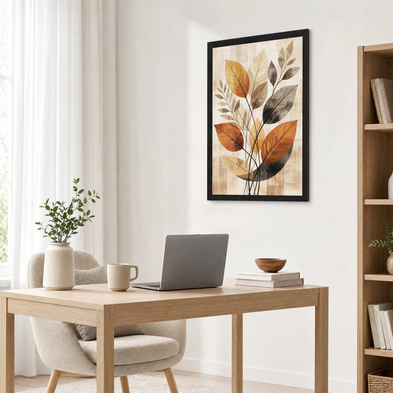 Tableau mural en toile beige texturée représentant des feuilles stylisées orange et grises, H 24 po x l 16 po