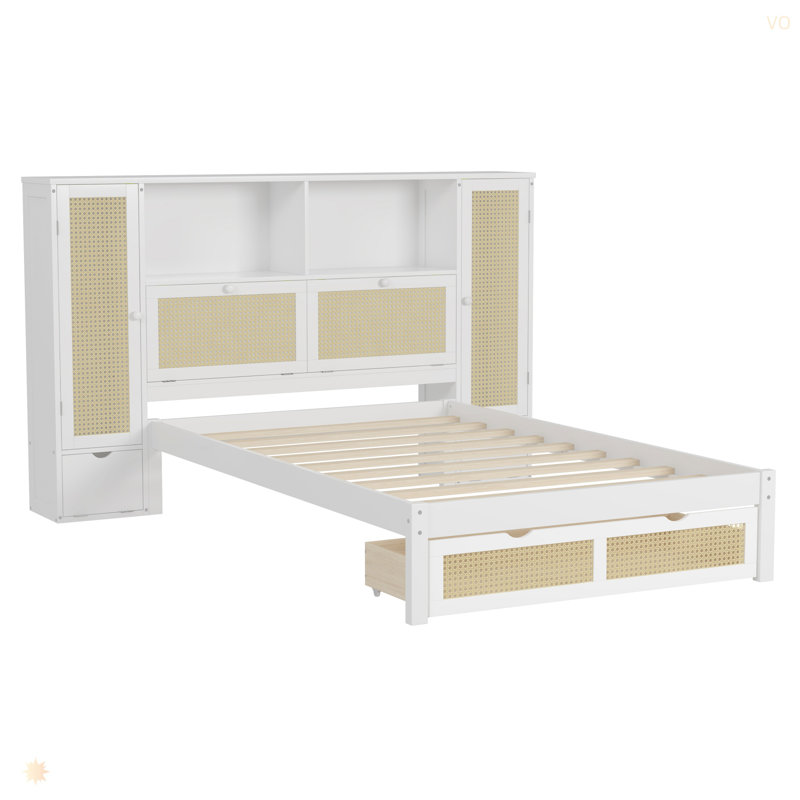 Lit simple en bois avec deux casiers de rangement, un tiroir et une tablette de rangement sur la tête de lit, lit plateforme multifonctionnel avec rotin naturel
