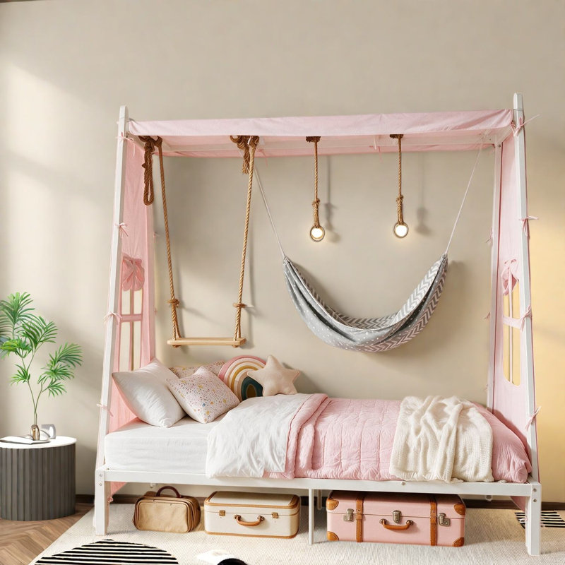 Lits cabane jumeaux en métal avec balançoire, acier blanc, maisonnette de jeu moderne pour enfants