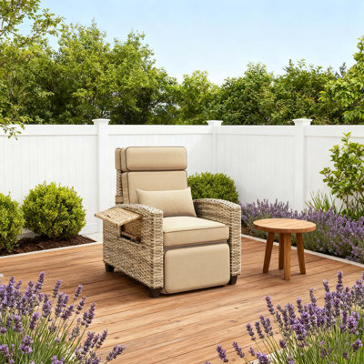 Fauteuil inclinable d'extérieur en rotin avec dossier réglable et repose-pieds à 150 °, coussin amovible pour piscine, balcon, véranda, porche, terrasse, cour