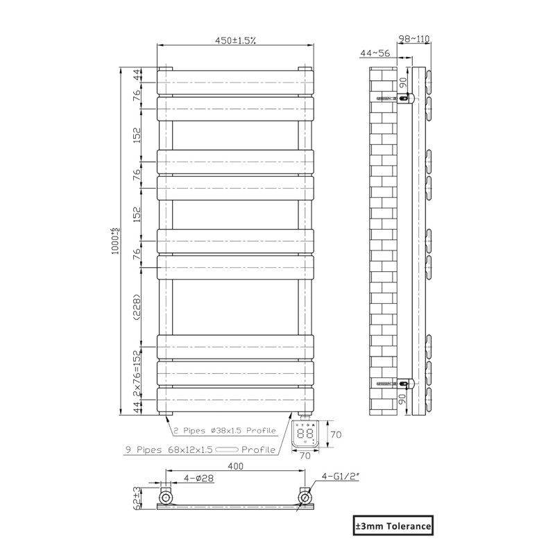 Flat Panel Towel Rail Heated Towel Rails, 100cm H x 45cm W x 6.2cm D