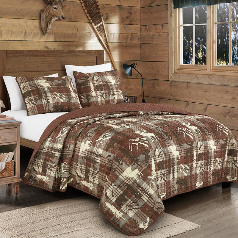 3 Pcs Rustic Polyester Bear Patchwork Quilt Bedspread Set, Queen Quilt + 2 Shams, Burgundy