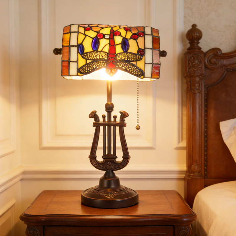 Tiffany-style Dragonfly Stained Glass Table Lamp With Bronze Lyre Base