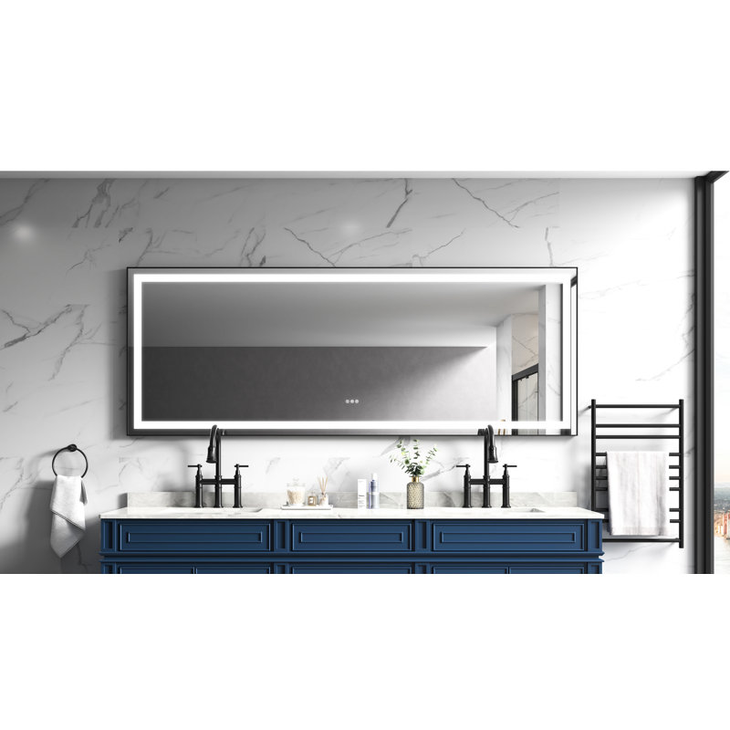 Miroir de salle de bain à DEL 96 po x 36 po, à fixation murale, brouillard, 3 couleurs, à intensité variable, aspect noir mat 96 brouillard 36 po, températures de couleur, montage en continu, finition