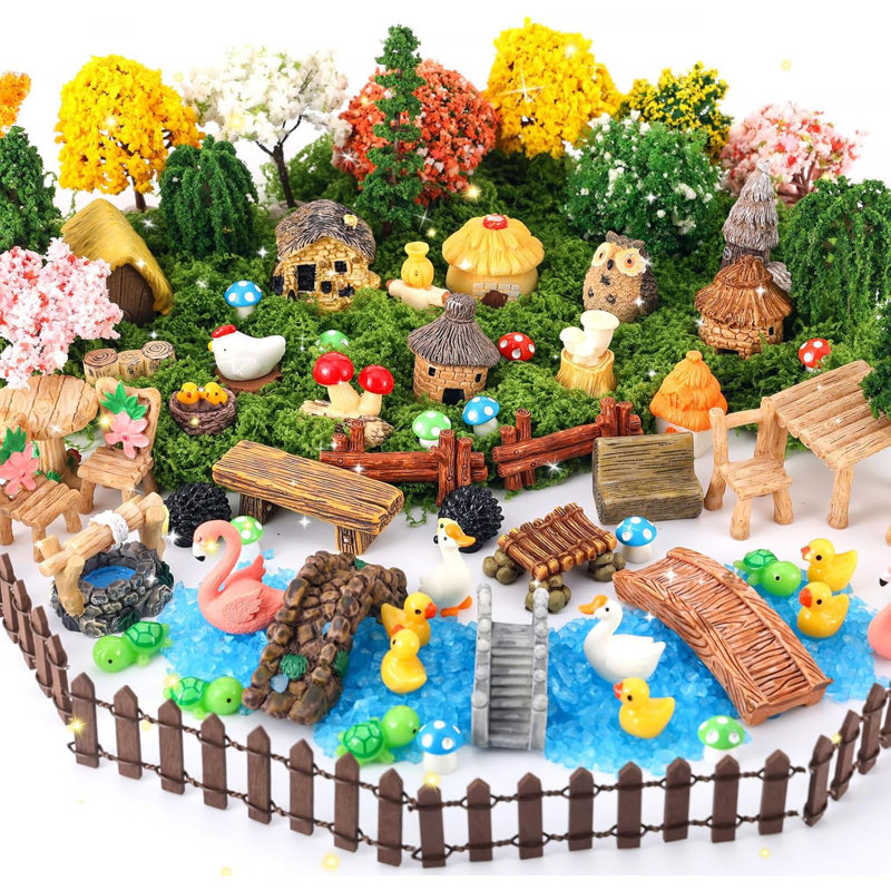 Ensemble de 84 mini-accessoires de jardin féerique, micro paysage, décorations de bricolage avec des arbres, animaux en résine de mousse pour terrarium