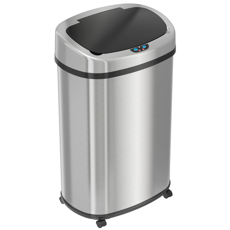 iTouchless Glide 13 Gallon Sensor Trash Can With Wheels And Odor Control System, Stainless Steel, Oval Shape Automatic Kitchen And Office Garbage Bin (powered By Battery Or Optional Ac Adapter)