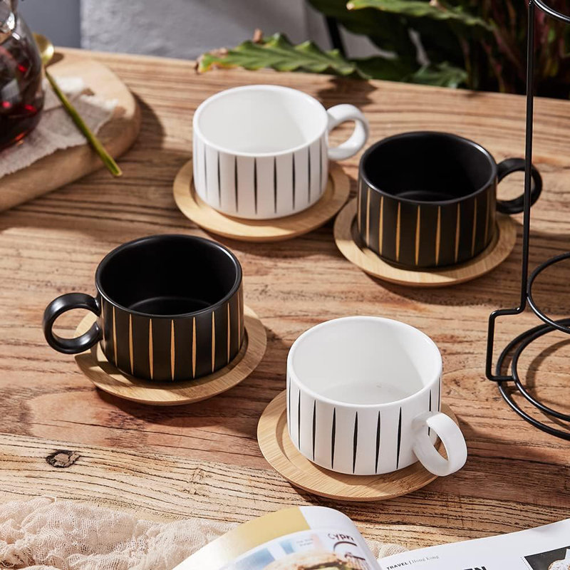 Porcelain Espresso Cup With Saucer And Metal Stand, 6 Ounce Stackable Ceramic Demitasse Espresso Mugs Cappuccino Cups Set For Latte,Coffee,Cafe Mocha,Tea(Set Of 4)