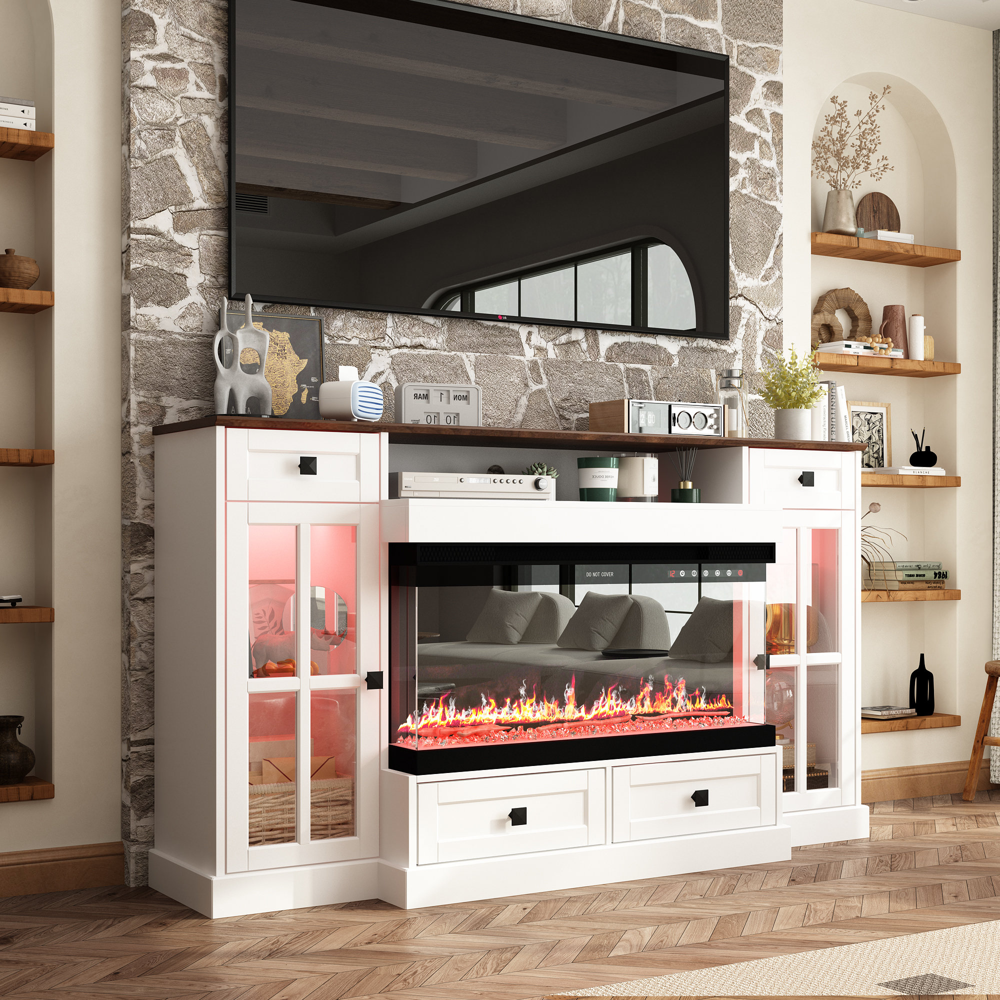 Orren Ellis 55-Inch White Electric Fireplace TV Stand With 20-Color LED ...