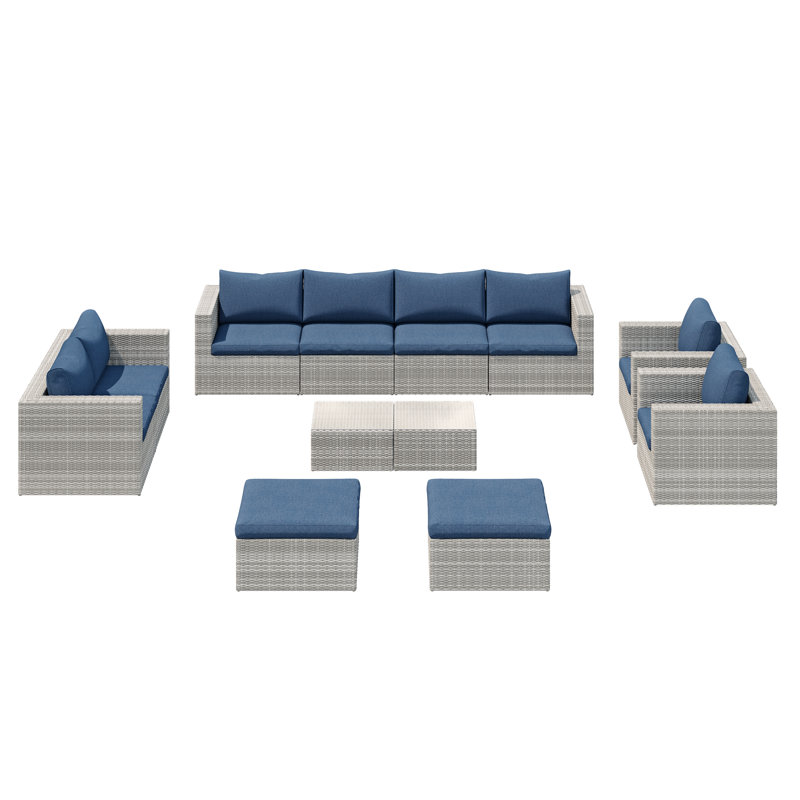 Baecher 10 - Person Wicker / Rattan Outdoor Sectional Seating Group ( Fully Assembled ) with Cushions and Aluminum Fire Pit Table