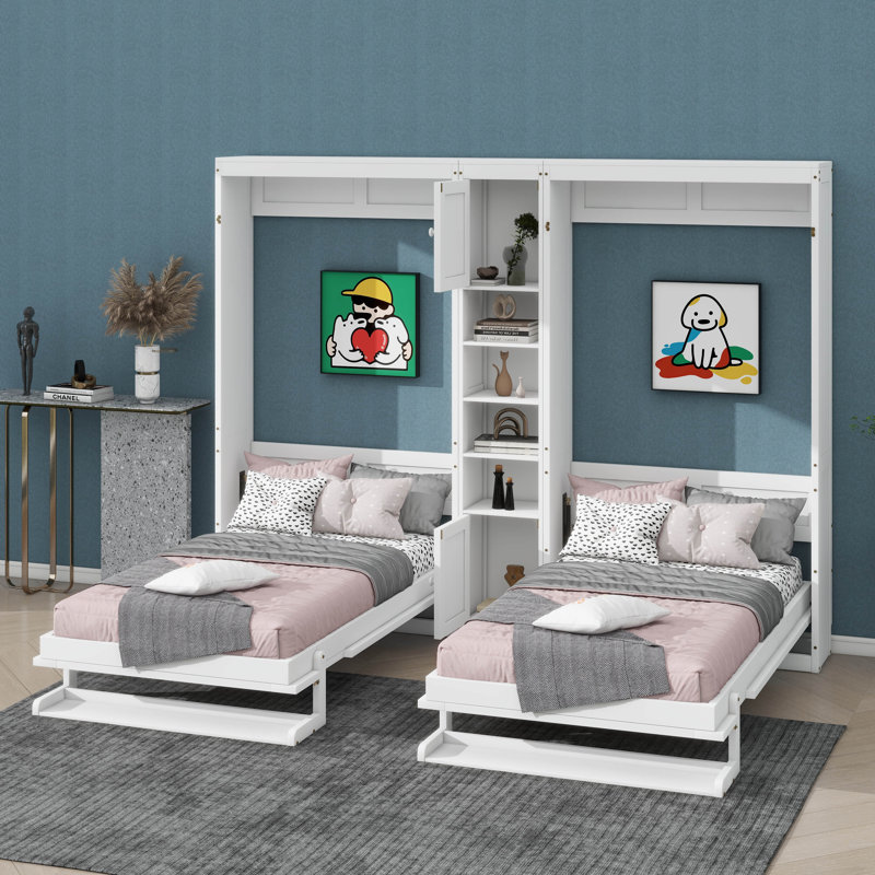 Double lit escamotable mural simple avec armoires et étagères, Blanc